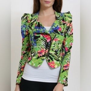 Floral Crop Blazer Jacket with diagonal zipper and raised shoulders!
